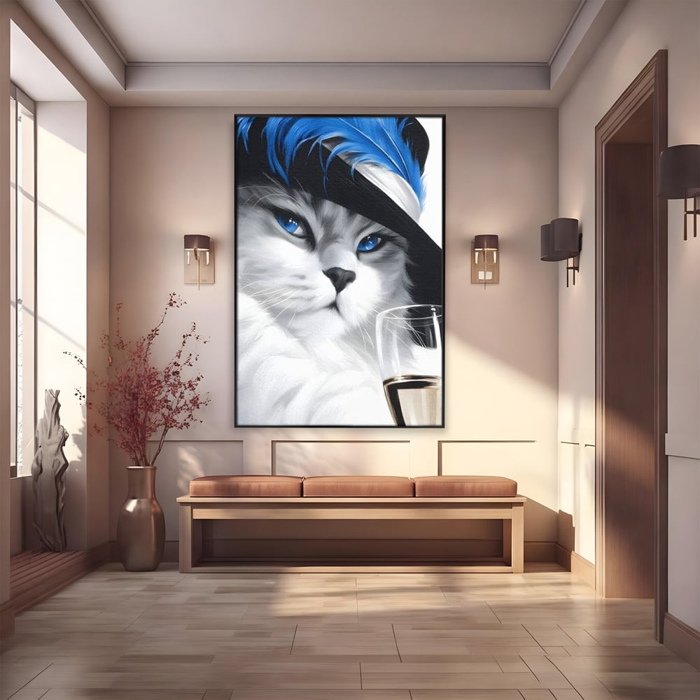 Tablou canvas cu tablou canvas cu pisica aristocrata si palarie, in rama de aluminiu negru