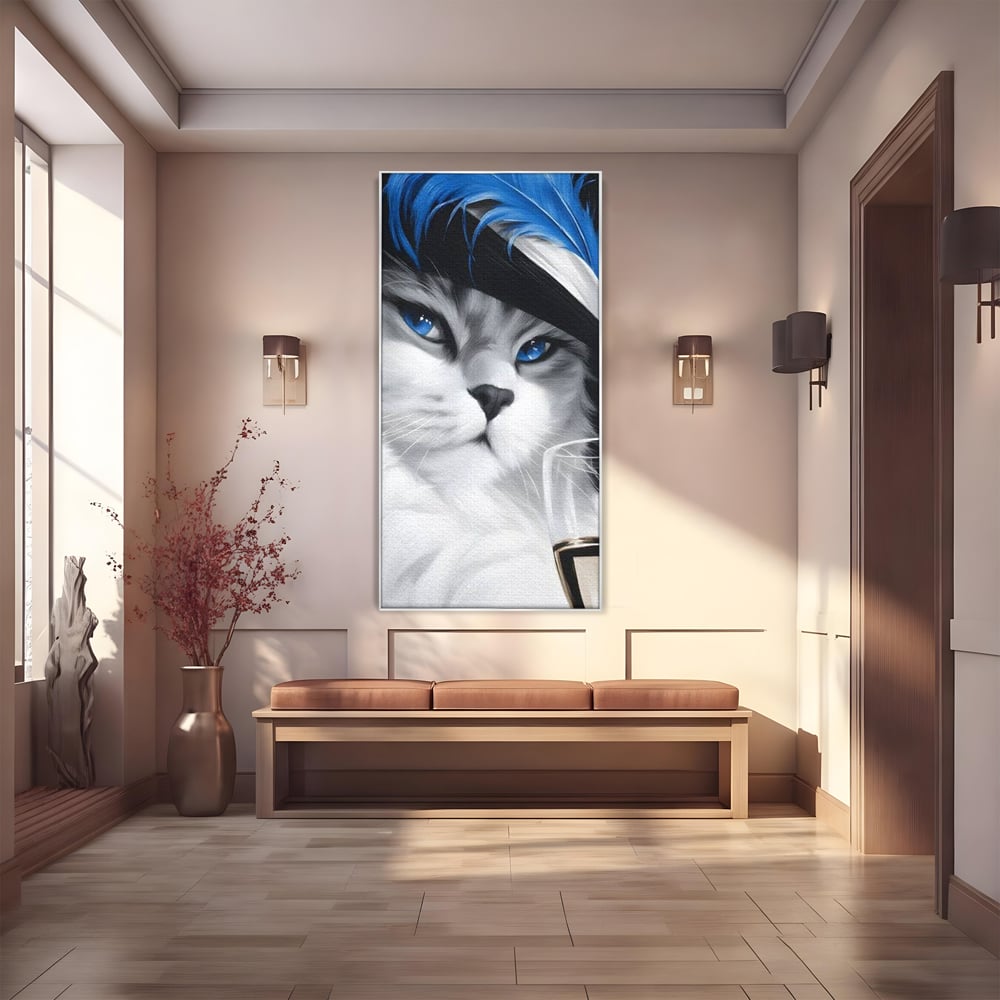Tablou canvas cu tablou canvas cu pisica aristocrata si palarie, in rama de aluminiu argintiu