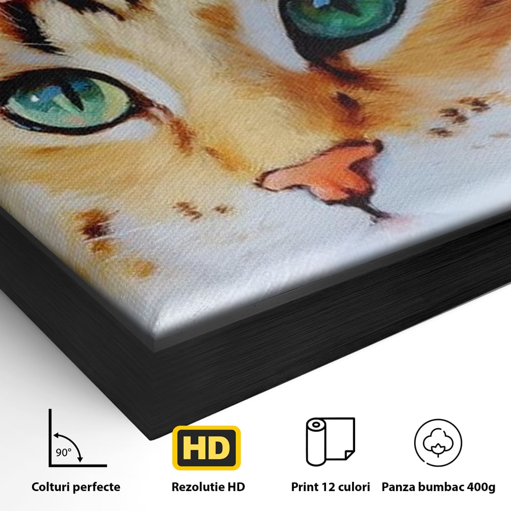 Detaliu al suprafetei: tablou canvas cu pisica si flori, in rama de aluminiu negru