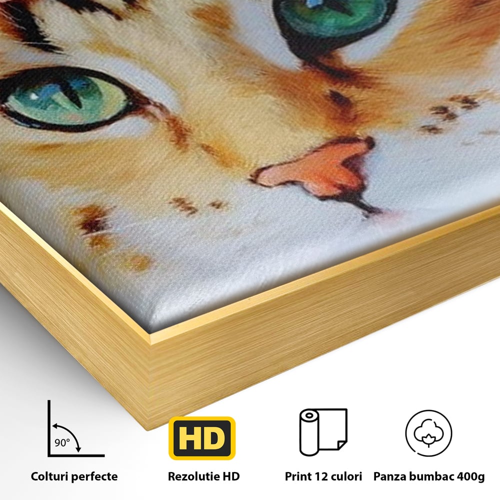Detaliu al suprafetei: tablou canvas cu pisica si flori, in rama de aluminiu auriu