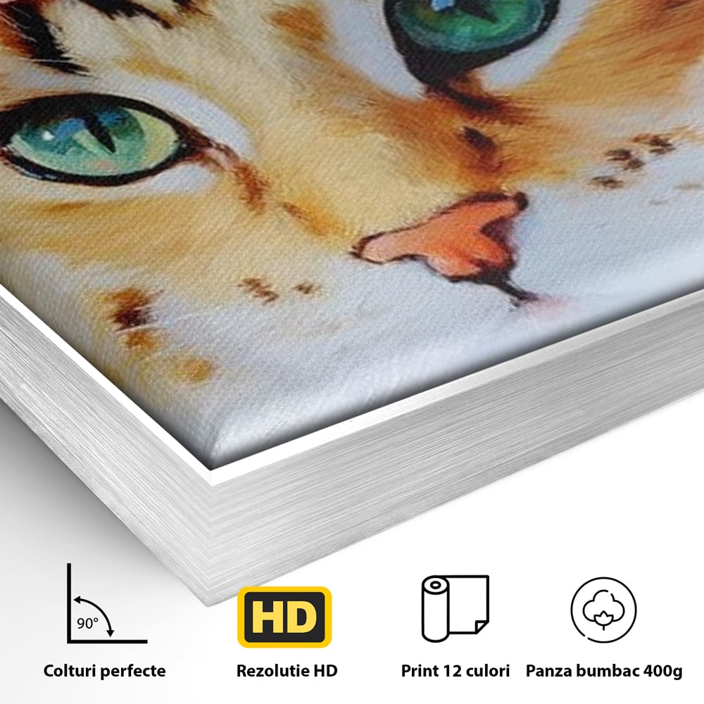Detaliu al suprafetei: tablou canvas cu pisica si flori, in rama de aluminiu argintiu