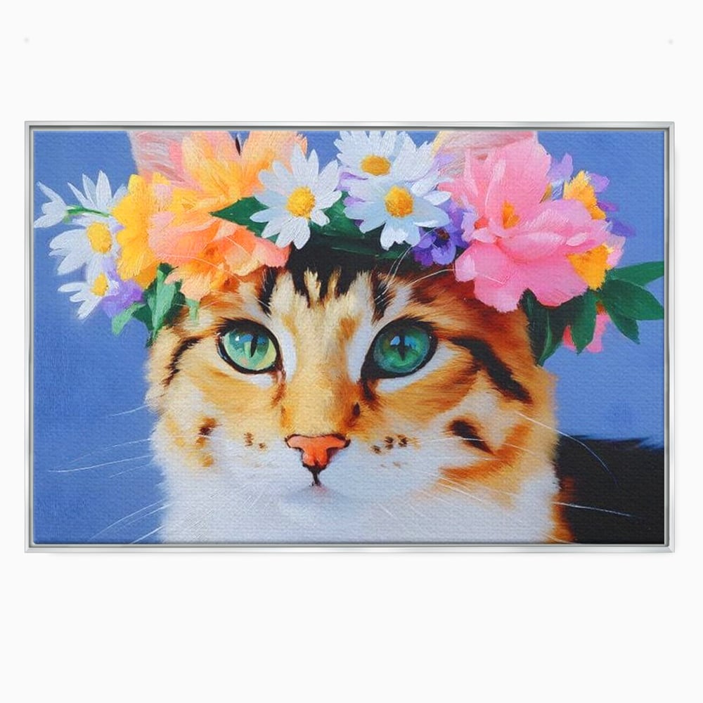 Tablou canvas cu tablou canvas cu pisica si flori, in rama de aluminiu argintiu