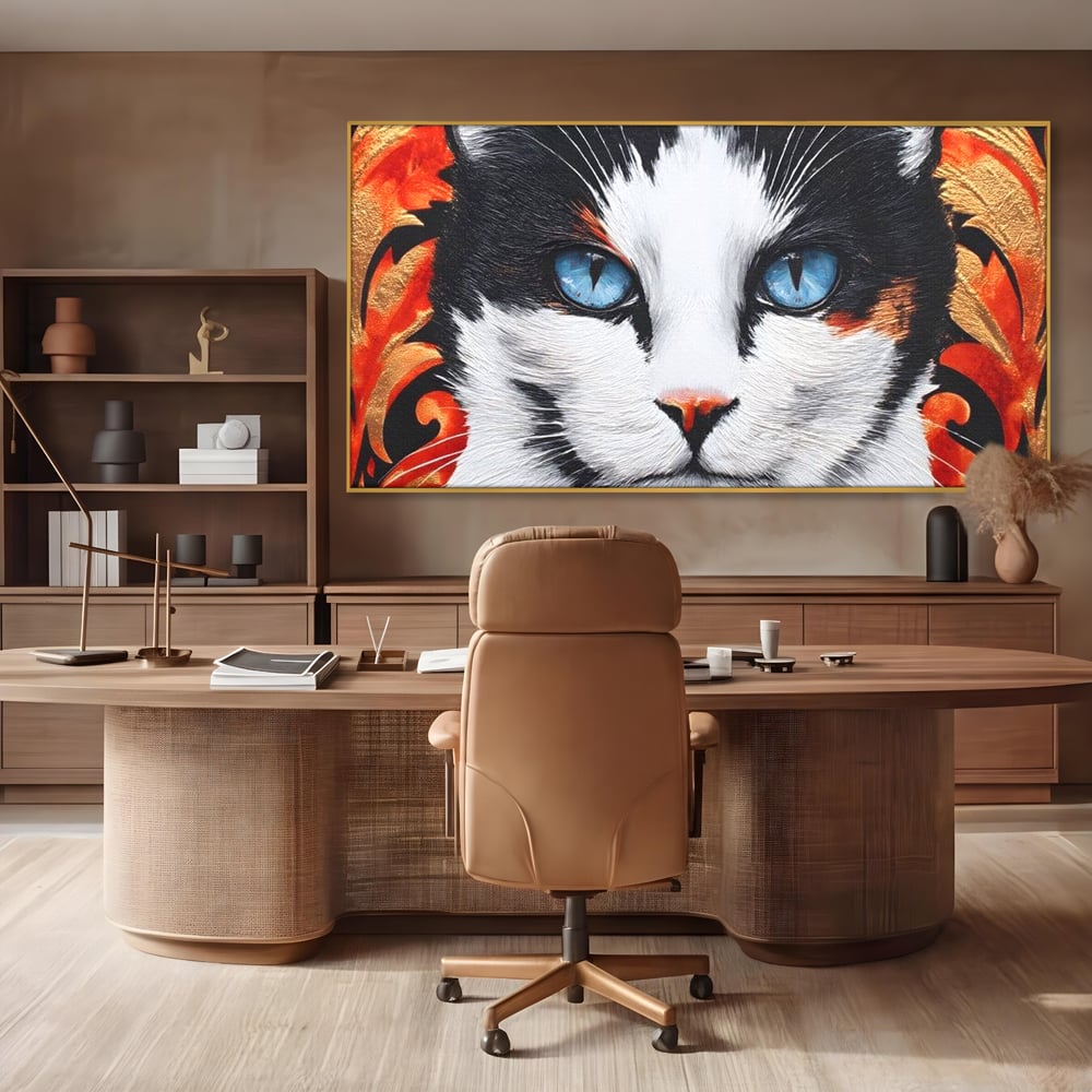 Tablou canvas cu tablou canvas cu ochi de pisica, in rama de aluminiu auriu, pe perete intr-un birou