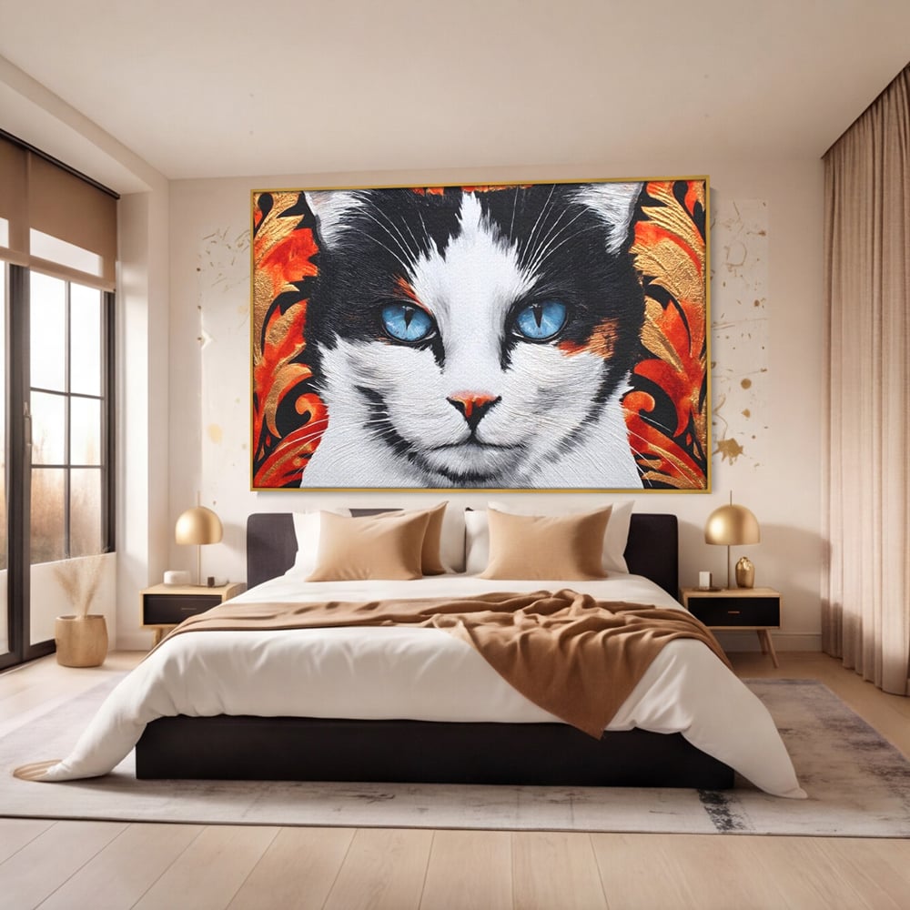 Tablou canvas cu tablou canvas cu ochi de pisica, in rama de aluminiu auriu, pe perete intr-un dormitor