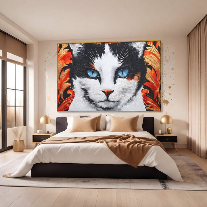 Tablou canvas cu tablou canvas cu ochi de pisica, in rama de aluminiu auriu, pe perete intr-un dormitor