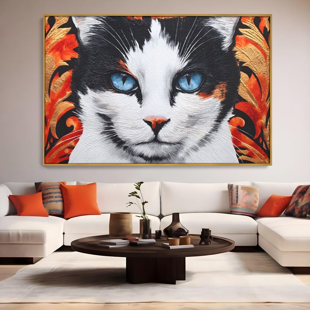 Tablou canvas cu tablou canvas cu ochi de pisica, in rama de aluminiu auriu, pe perete intr-un living