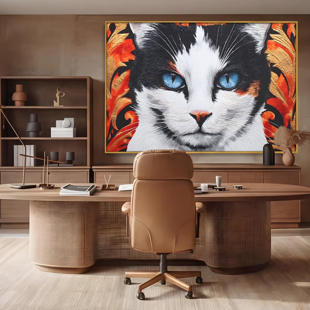 Tablou canvas cu tablou canvas cu ochi de pisica, in rama de aluminiu auriu, pe perete intr-un birou