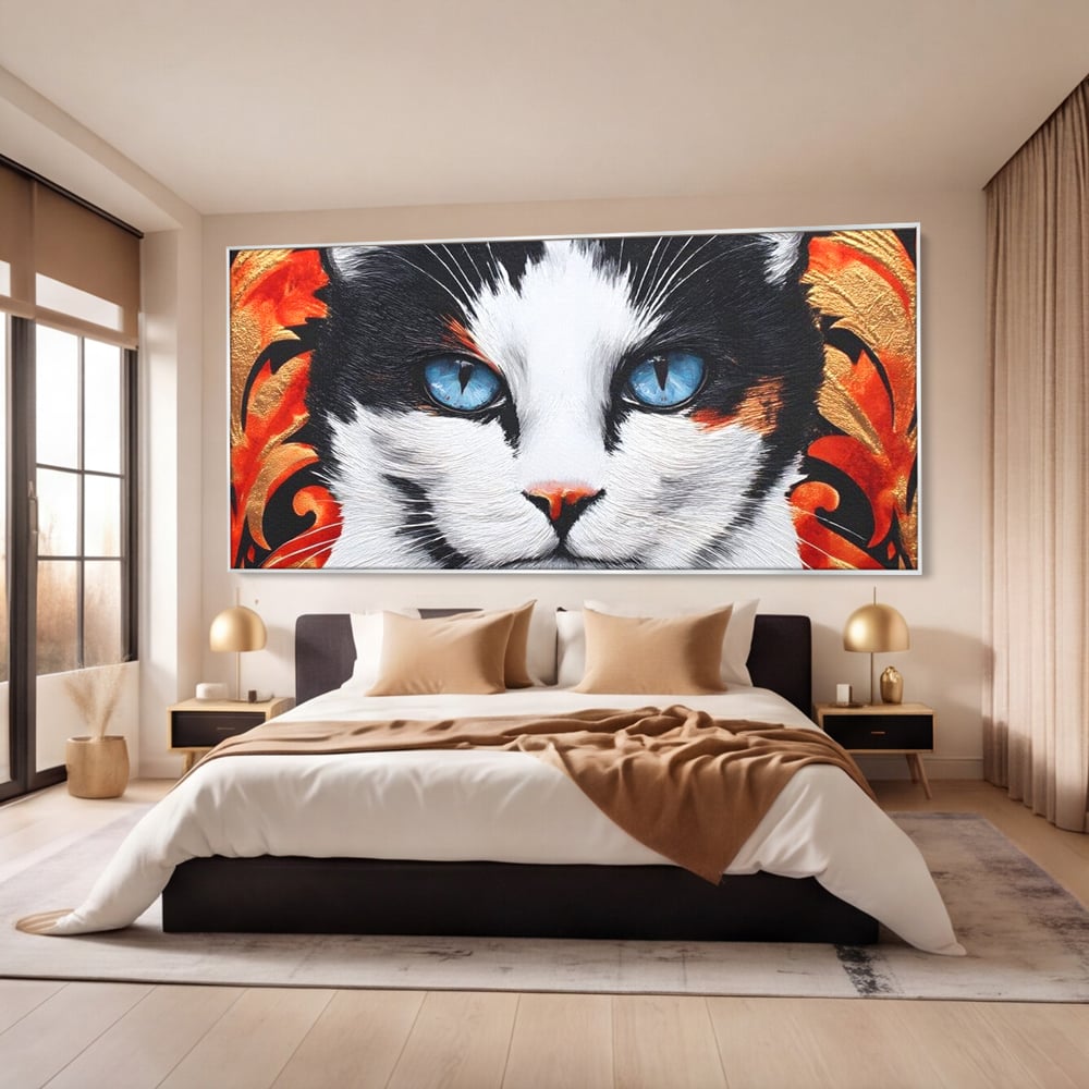 Tablou canvas cu tablou canvas cu ochi de pisica, in rama de aluminiu argintiu, pe perete intr-un dormitor