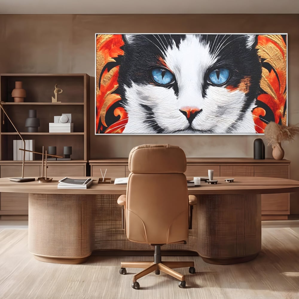 Tablou canvas cu tablou canvas cu ochi de pisica, in rama de aluminiu argintiu, pe perete intr-un birou