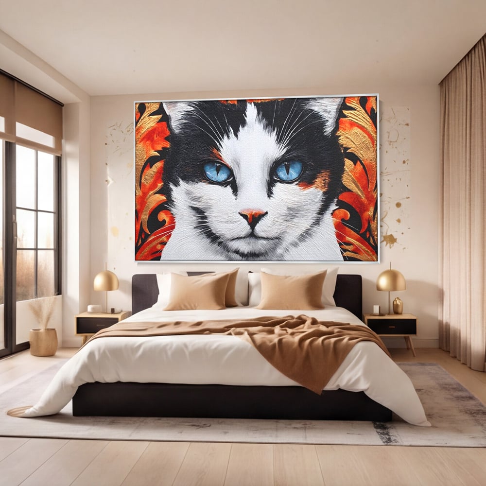 Tablou canvas cu tablou canvas cu ochi de pisica, in rama de aluminiu argintiu, pe perete intr-un dormitor