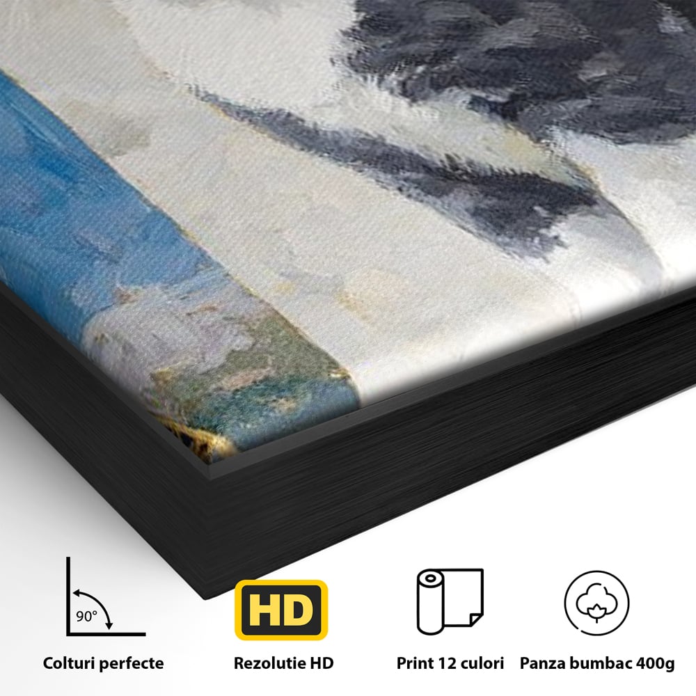 Detaliu al suprafetei: tablou canvas cu pisica si turnul eiffel, in rama de aluminiu negru