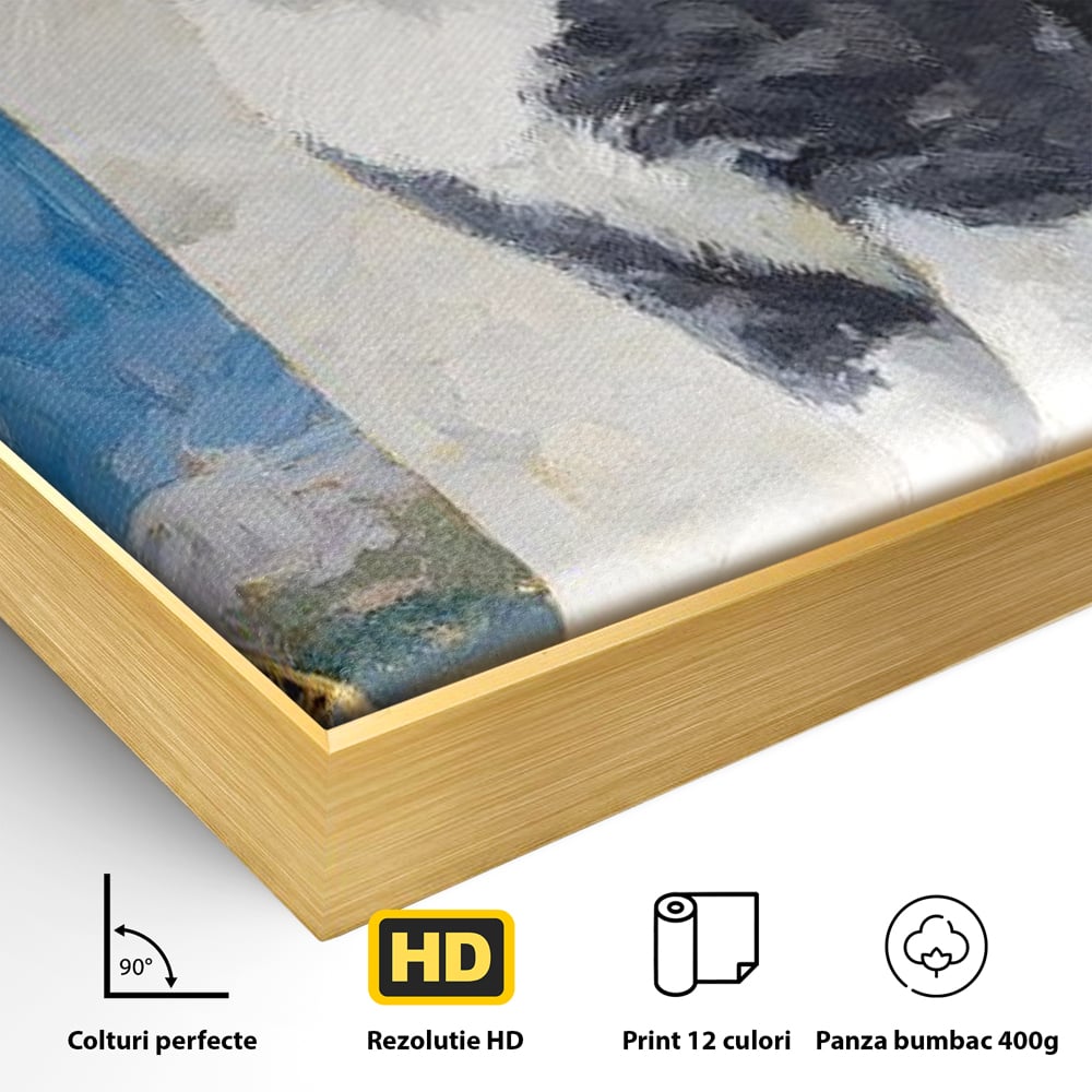 Detaliu al suprafetei: tablou canvas cu pisica si turnul eiffel, in rama de aluminiu auriu
