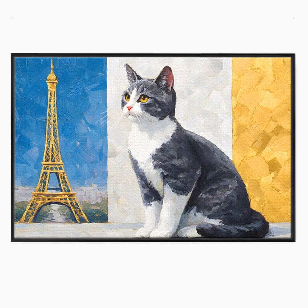 Tablou canvas cu tablou canvas cu pisica si turnul eiffel, in rama de aluminiu negru