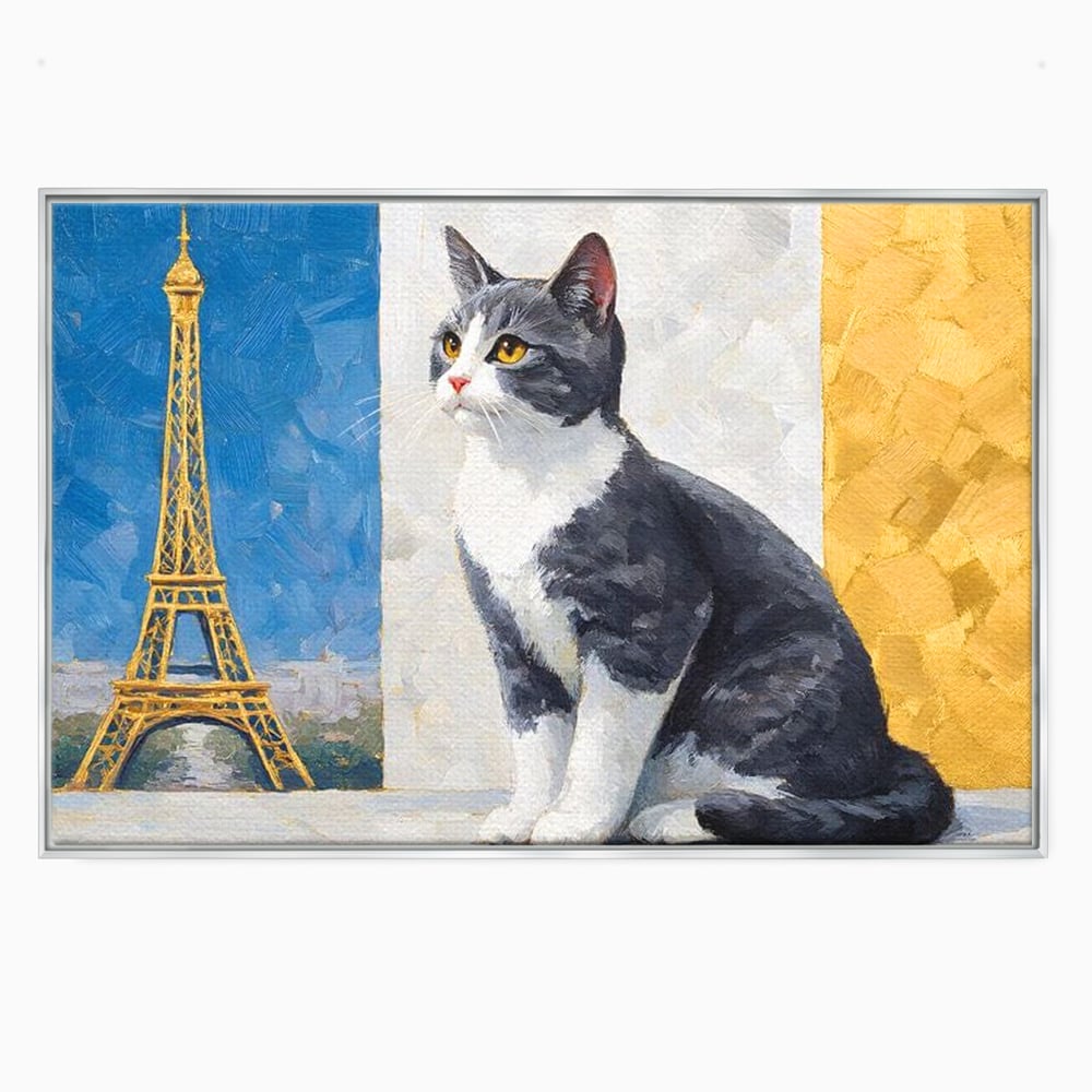 Tablou canvas cu tablou canvas cu pisica si turnul eiffel, in rama de aluminiu argintiu