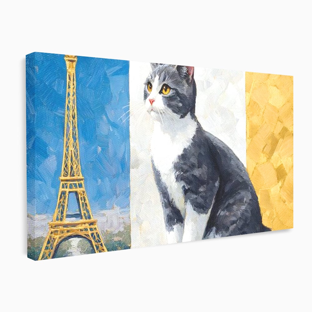 Tablou canvas cu tablou canvas cu pisica si turnul eiffel, fara rama, pe sasiu de lemn