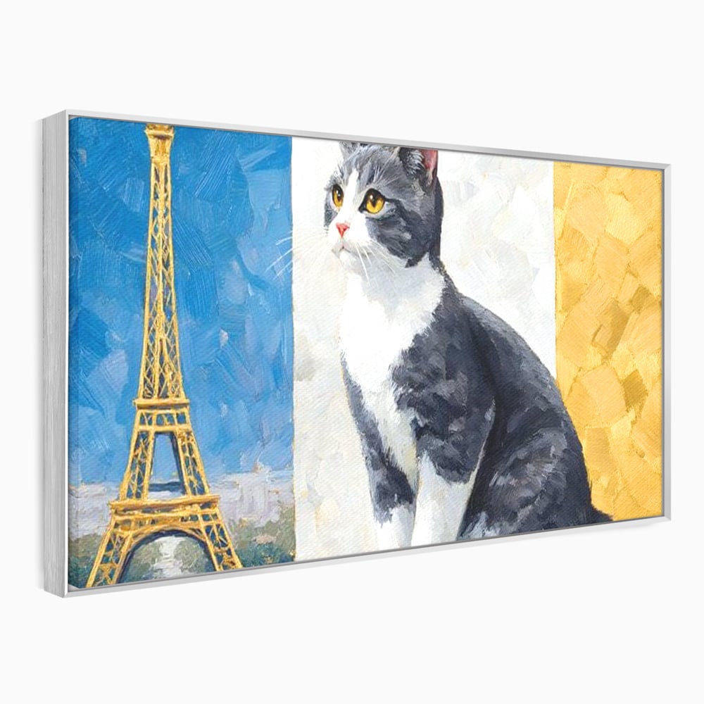 Tablou canvas cu tablou canvas cu pisica si turnul eiffel, in rama de aluminiu argintiu