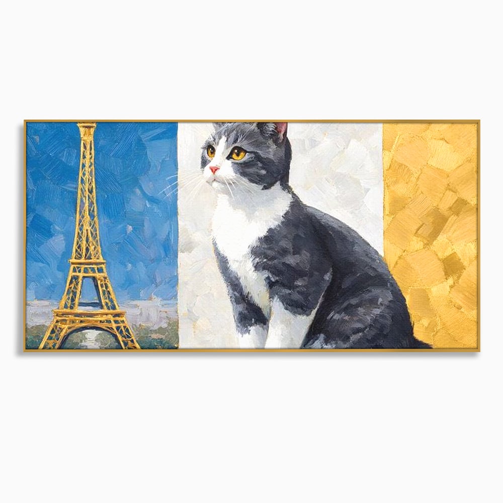 Tablou canvas cu tablou canvas cu pisica si turnul eiffel, in rama de aluminiu auriu