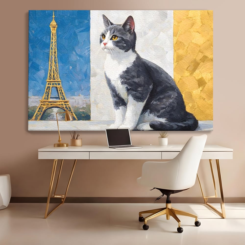 Tablou canvas cu tablou canvas cu pisica si turnul eiffel, fara rama, pe sasiu de lemn, pe perete intr-un birou