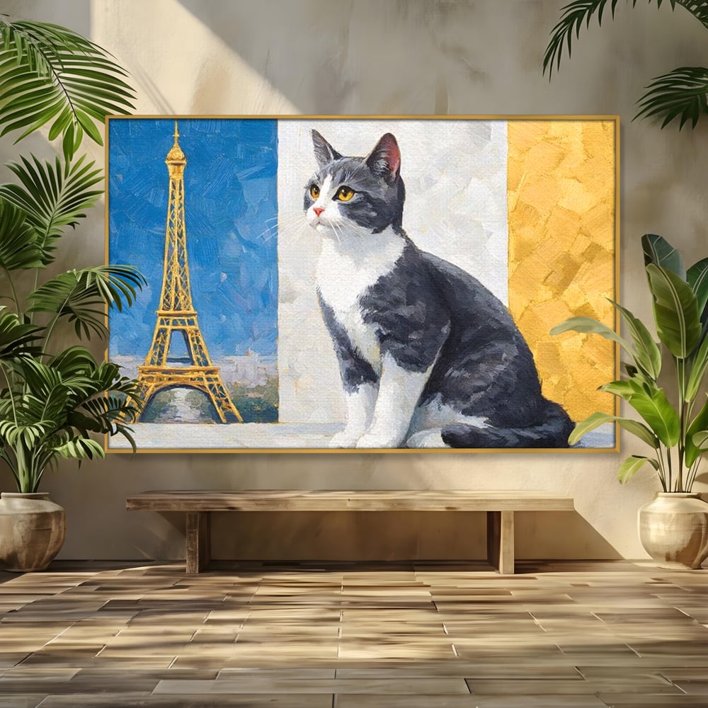 Tablou canvas cu tablou canvas cu pisica si turnul eiffel, in rama de aluminiu auriu