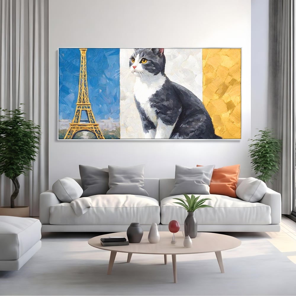 Tablou canvas cu tablou canvas cu pisica si turnul eiffel, in rama de aluminiu argintiu, pe perete intr-un living