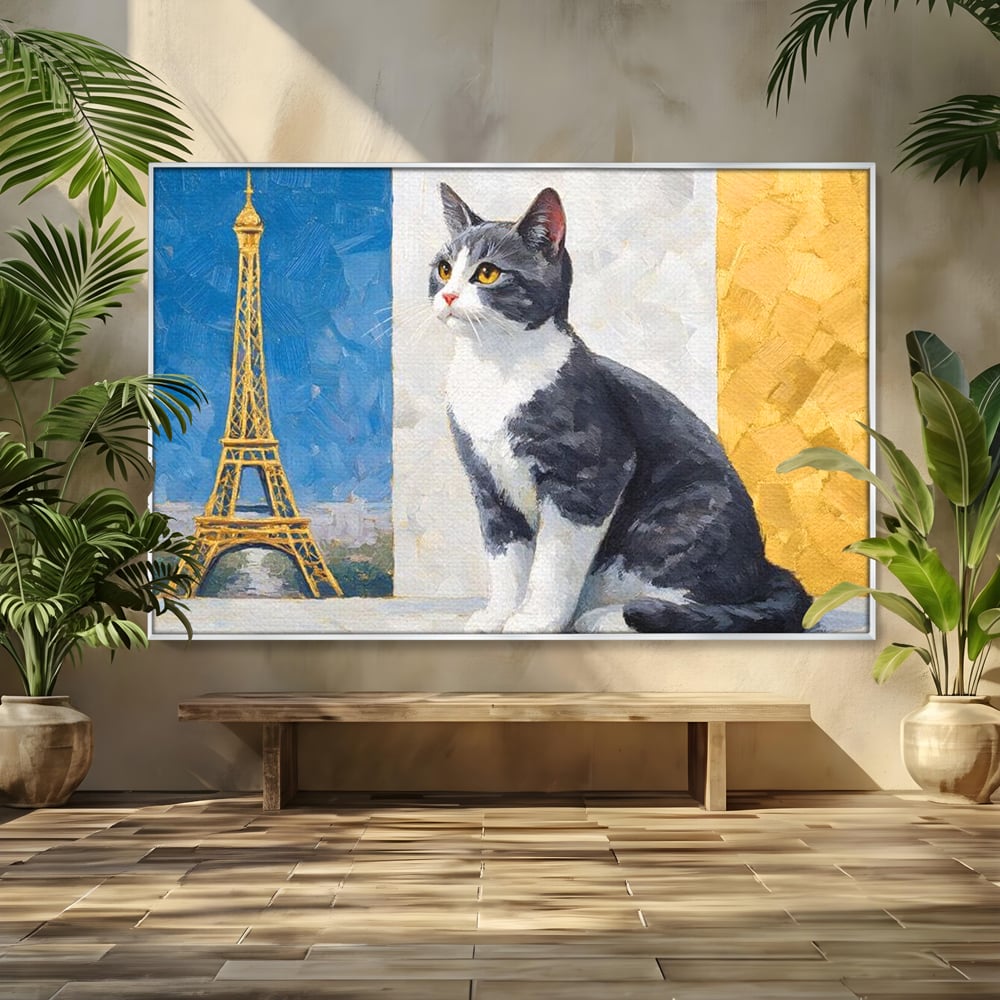 Tablou canvas cu tablou canvas cu pisica si turnul eiffel, in rama de aluminiu argintiu