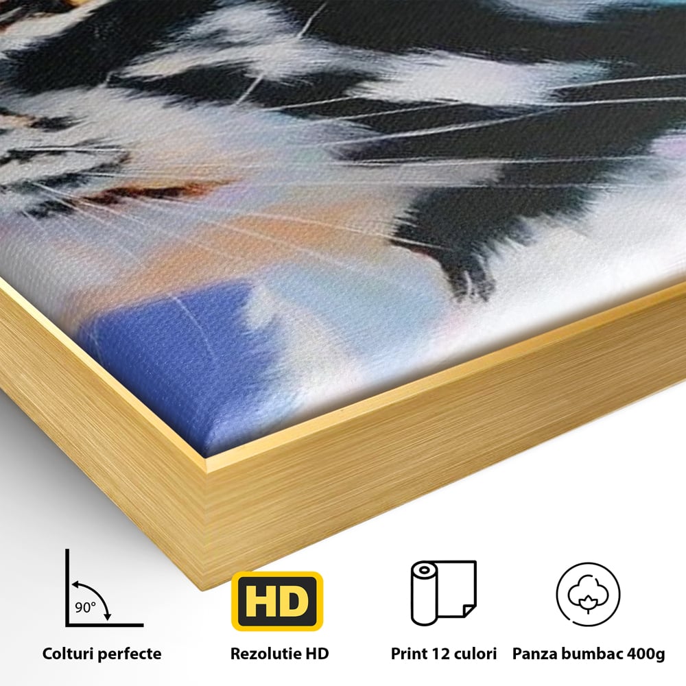 Detaliu al suprafetei: pictura cu profil de pisica, in rama de aluminiu auriu