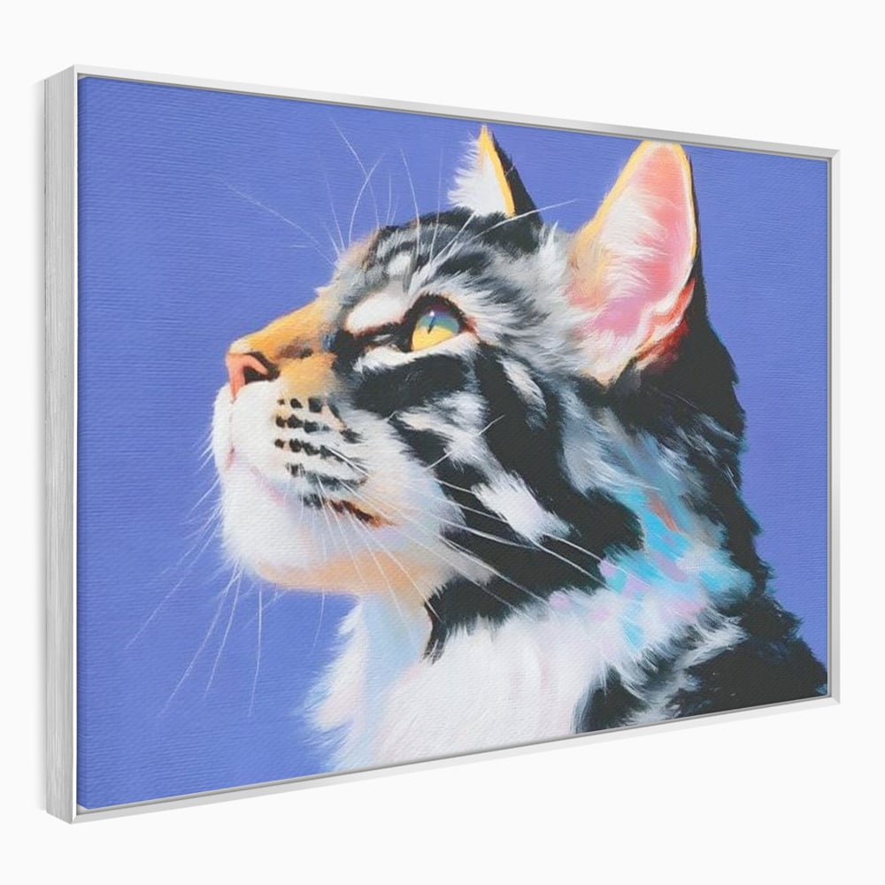 Tablou canvas cu pictura cu profil de pisica, in rama de aluminiu argintiu