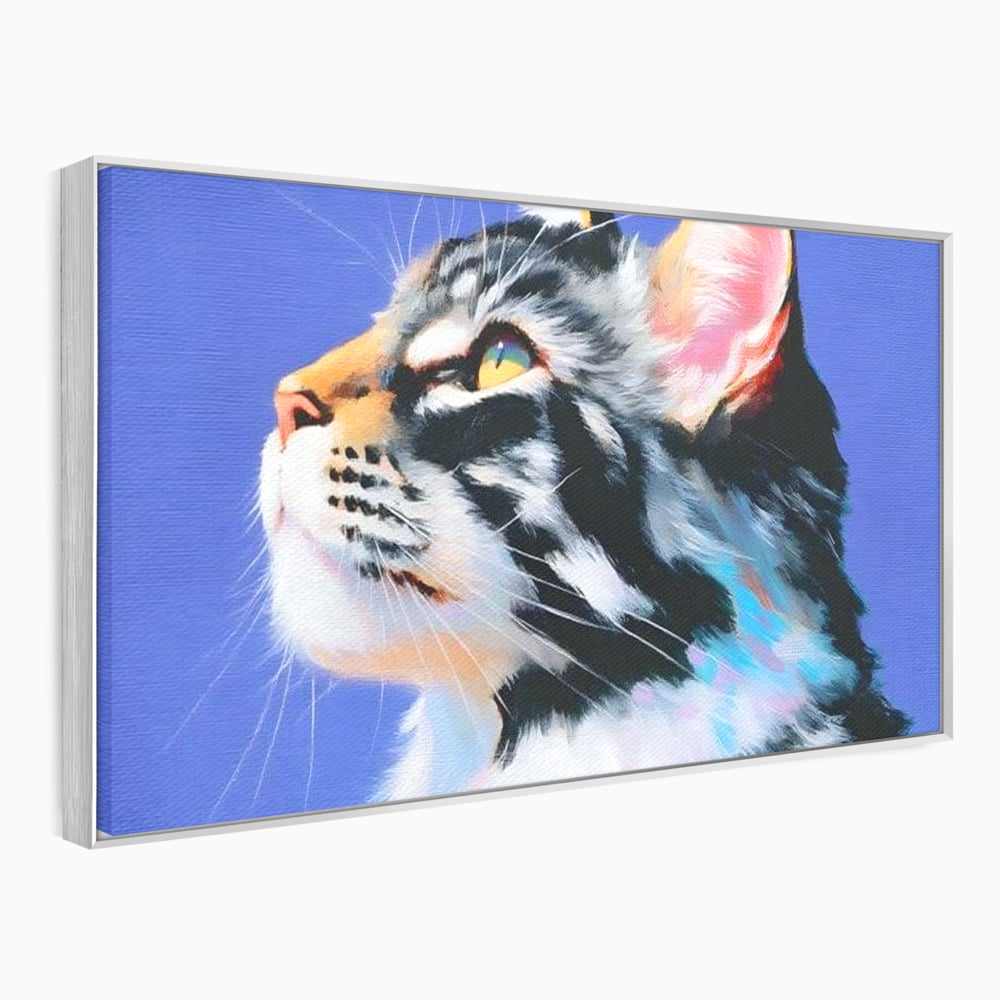 Tablou canvas cu pictura cu profil de pisica, in rama de aluminiu argintiu