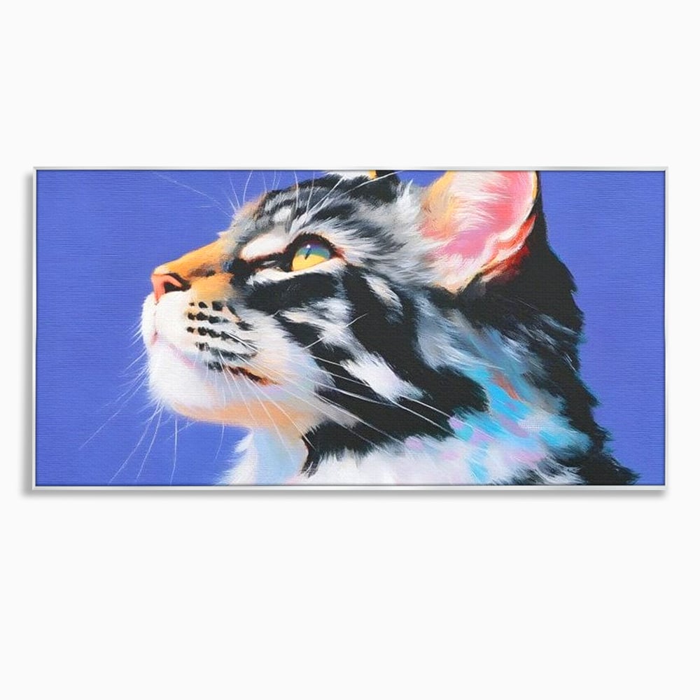 Tablou canvas cu pictura cu profil de pisica, in rama de aluminiu argintiu