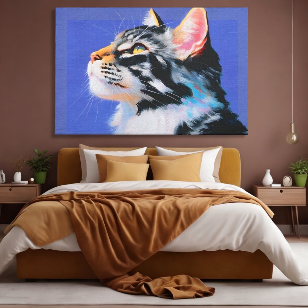 Tablou canvas cu pictura cu profil de pisica, fara rama, pe sasiu de lemn, pe perete intr-un dormitor