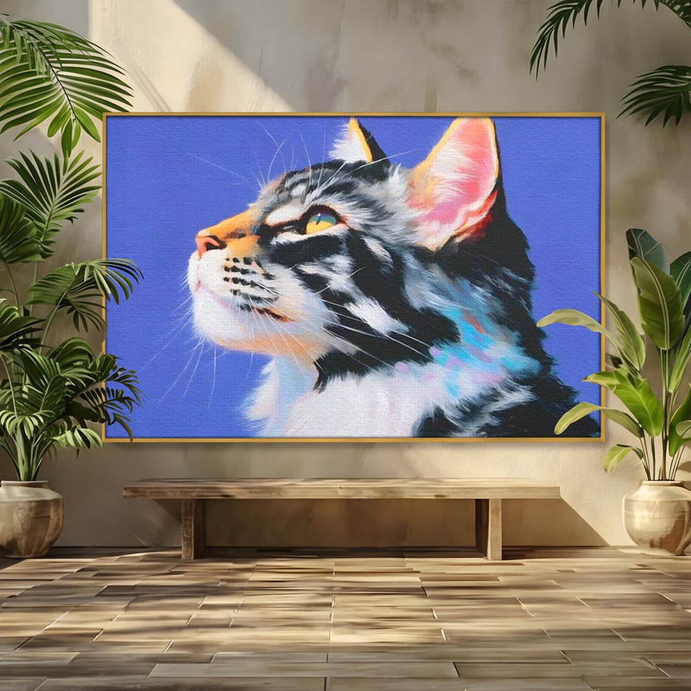 Tablou canvas cu pictura cu profil de pisica, in rama de aluminiu auriu