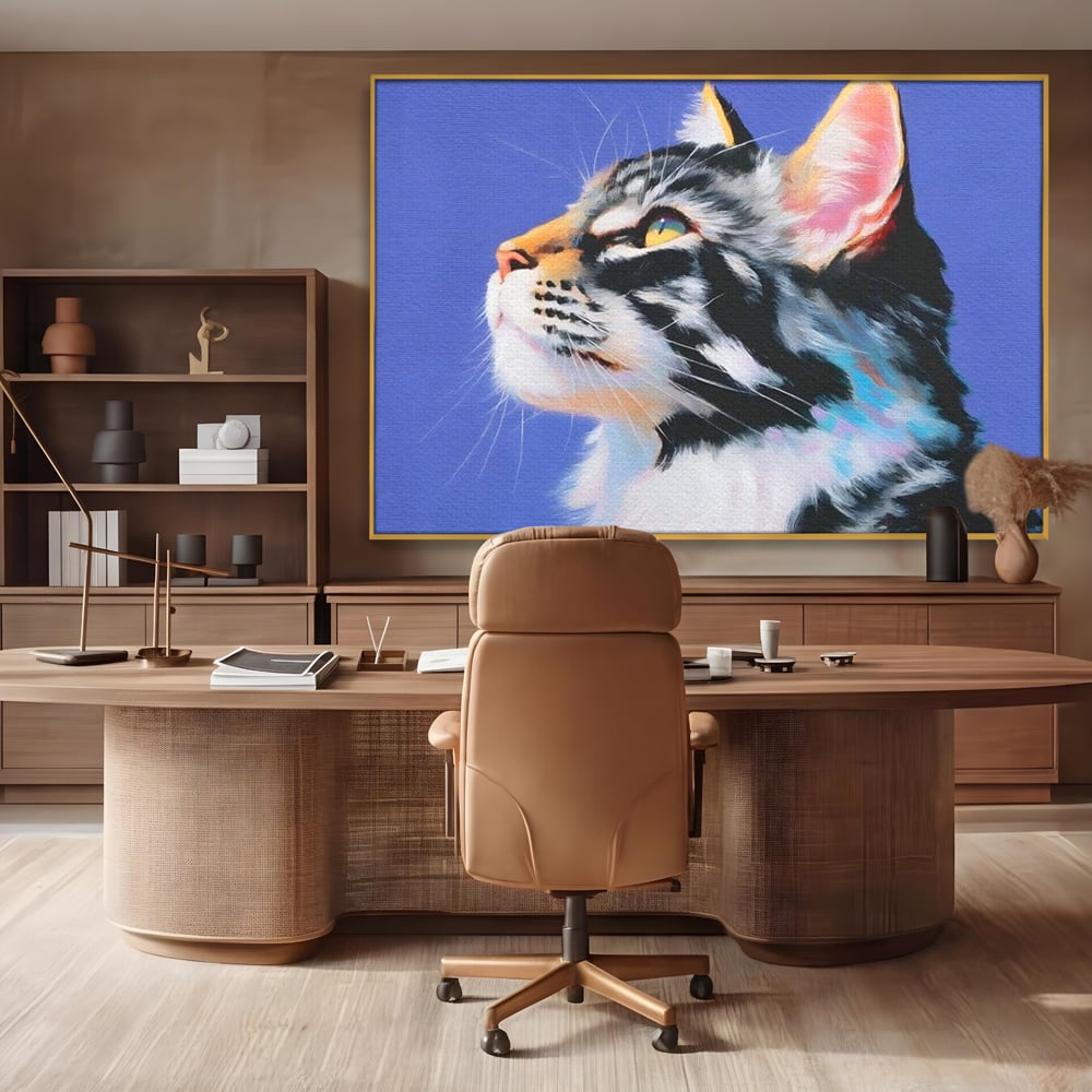 Tablou canvas cu pictura cu profil de pisica, in rama de aluminiu auriu, pe perete intr-un birou