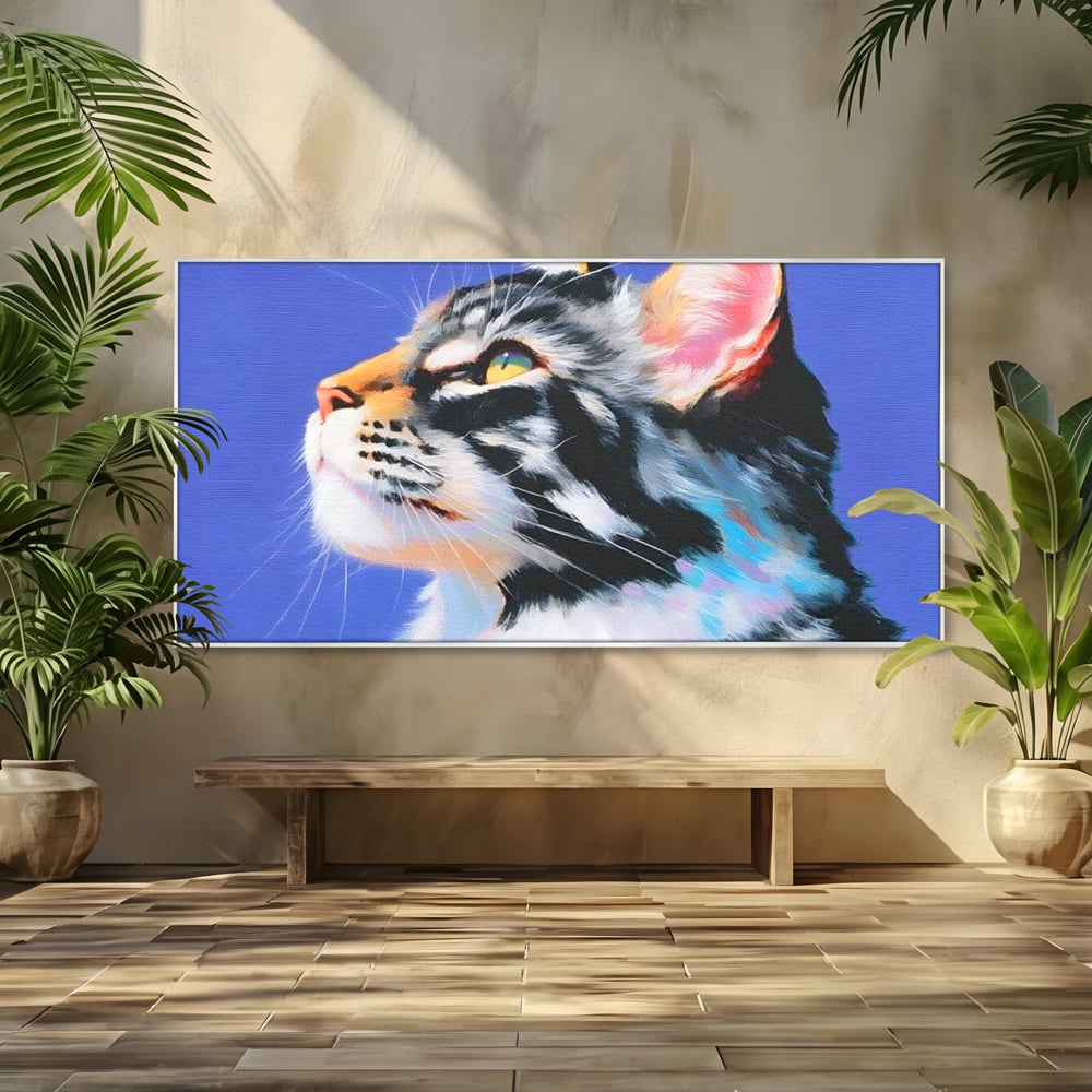 Tablou canvas cu pictura cu profil de pisica, in rama de aluminiu argintiu