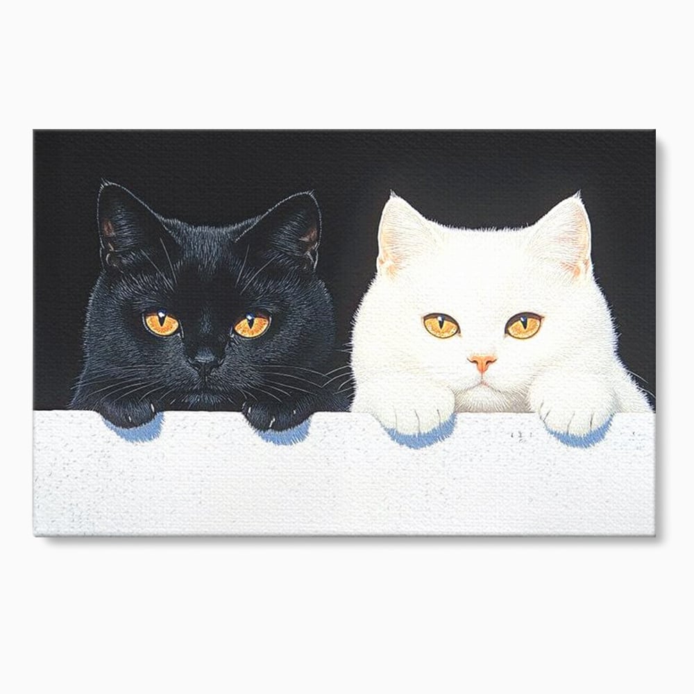 Tablou canvas cu tablou canvas cu pisici alb si negru, fara rama, pe sasiu de lemn