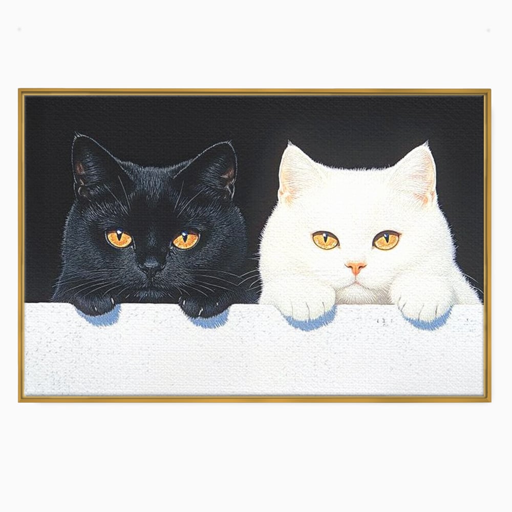 Tablou canvas cu tablou canvas cu pisici alb si negru, in rama de aluminiu auriu