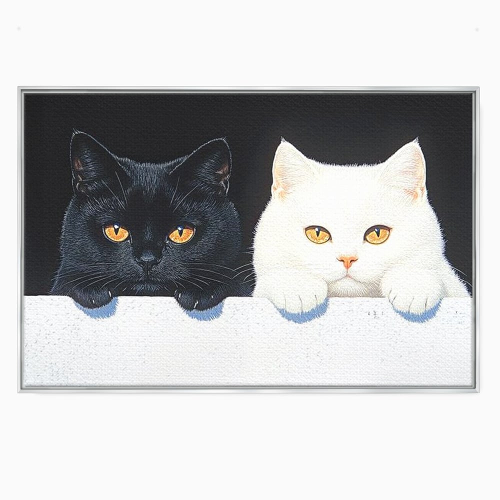 Tablou canvas cu tablou canvas cu pisici alb si negru, in rama de aluminiu argintiu