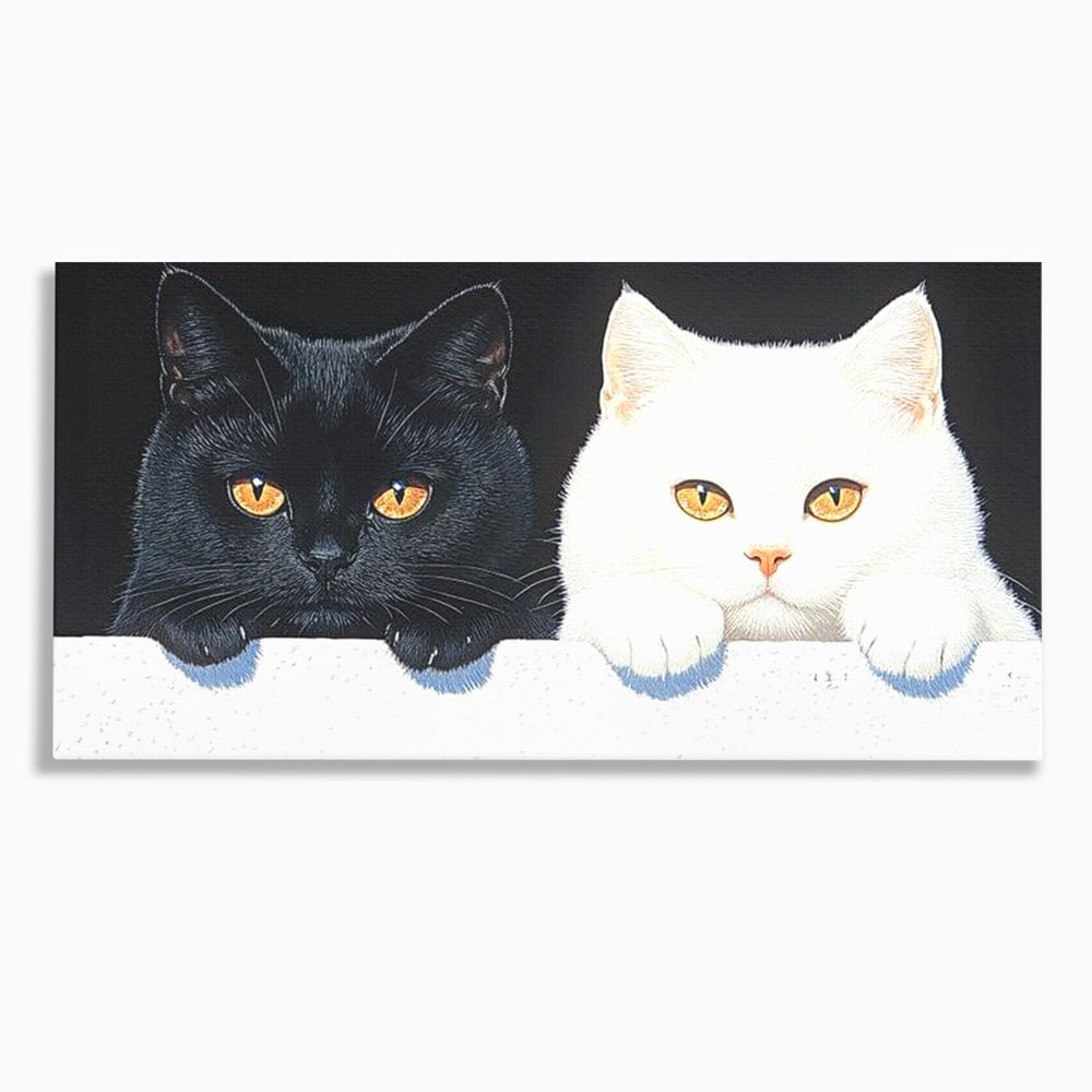 Tablou canvas cu tablou canvas cu pisici alb si negru, fara rama, pe sasiu de lemn