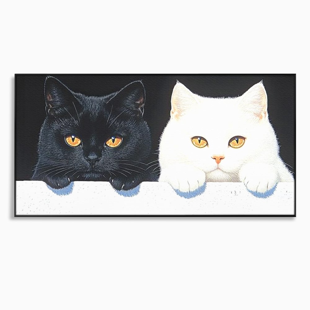 Tablou canvas cu tablou canvas cu pisici alb si negru, in rama de aluminiu negru