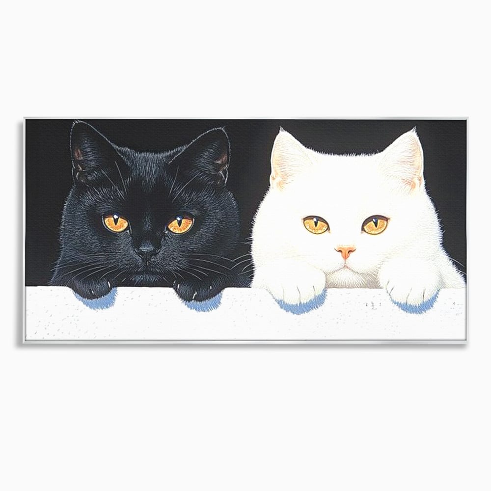 Tablou canvas cu tablou canvas cu pisici alb si negru, in rama de aluminiu argintiu