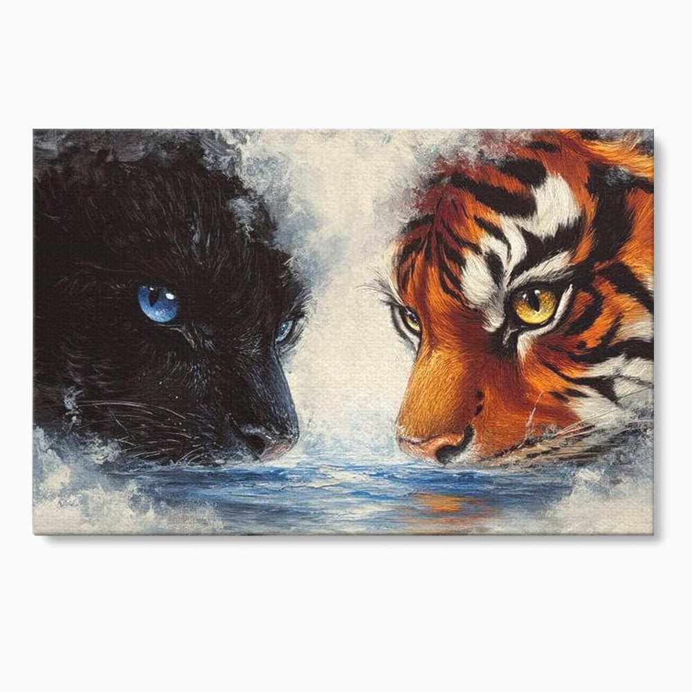 Tablou canvas cu tablou canvas cu pantera si tigru, fara rama, pe sasiu de lemn