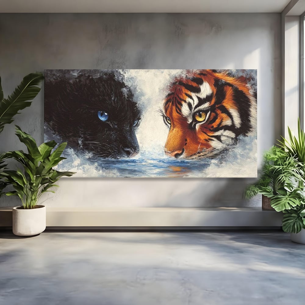 Tablou canvas cu tablou canvas cu pantera si tigru, fara rama, pe sasiu de lemn