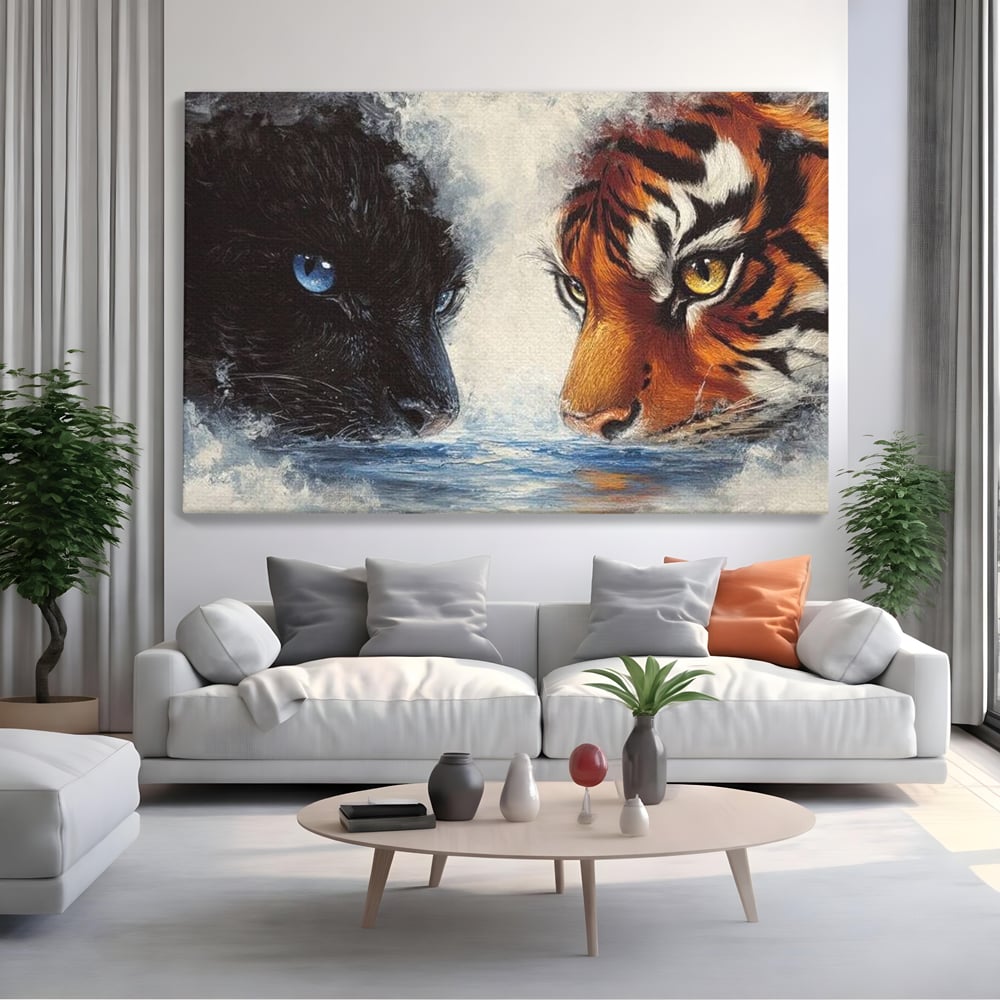Tablou canvas cu tablou canvas cu pantera si tigru, fara rama, pe sasiu de lemn, pe perete intr-un living