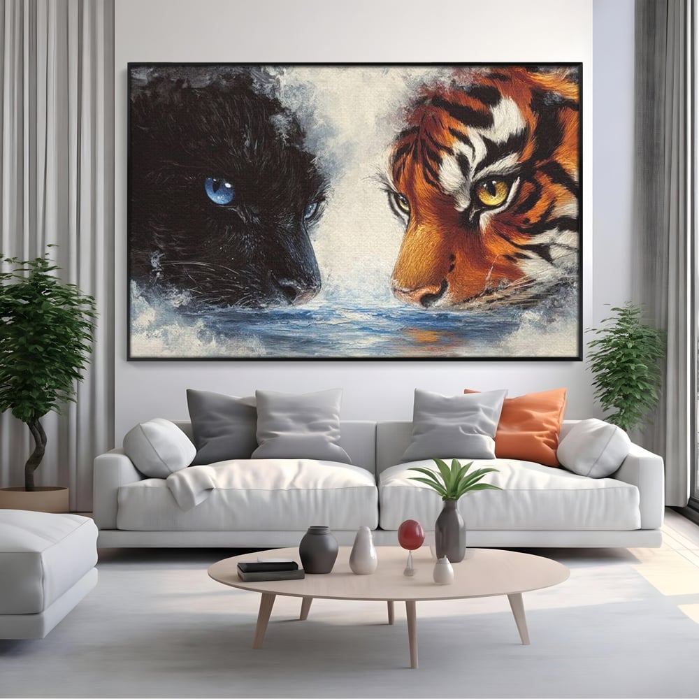 Tablou canvas cu tablou canvas cu pantera si tigru, in rama de aluminiu negru, pe perete intr-un living