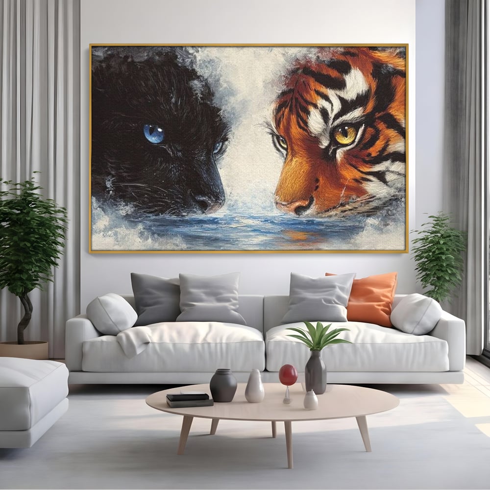 Tablou canvas cu tablou canvas cu pantera si tigru, in rama de aluminiu auriu, pe perete intr-un living