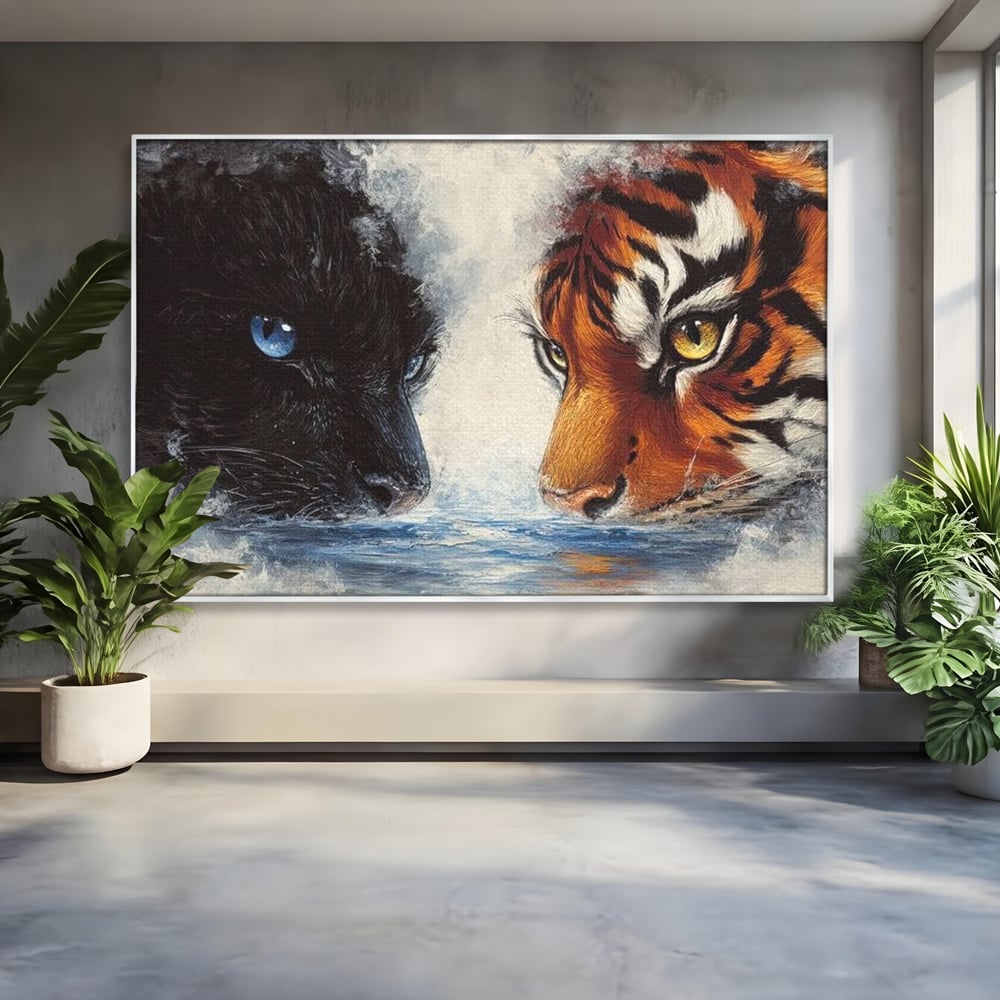 Tablou canvas cu tablou canvas cu pantera si tigru, in rama de aluminiu argintiu