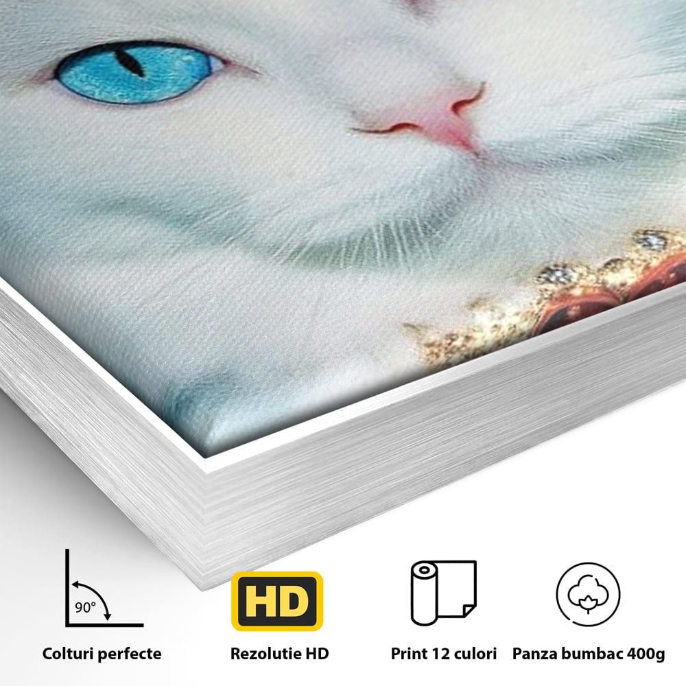 Detaliu al suprafetei: tablou canvas cu pisica alba regala, in rama de aluminiu argintiu