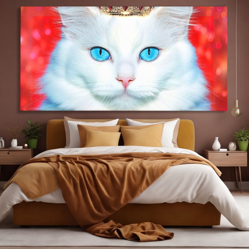 Tablou canvas cu tablou canvas cu pisica alba regala, fara rama, pe sasiu de lemn, pe perete intr-un dormitor