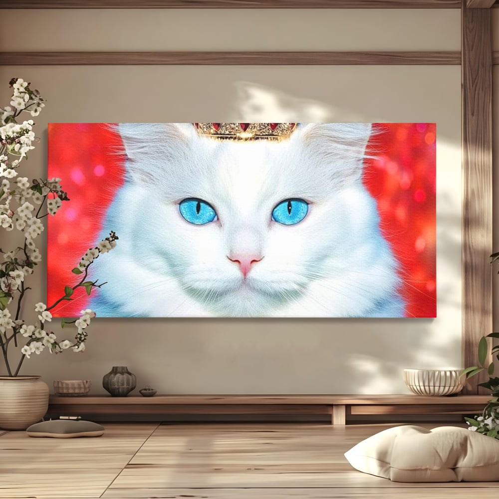 Tablou canvas cu tablou canvas cu pisica alba regala, fara rama, pe sasiu de lemn