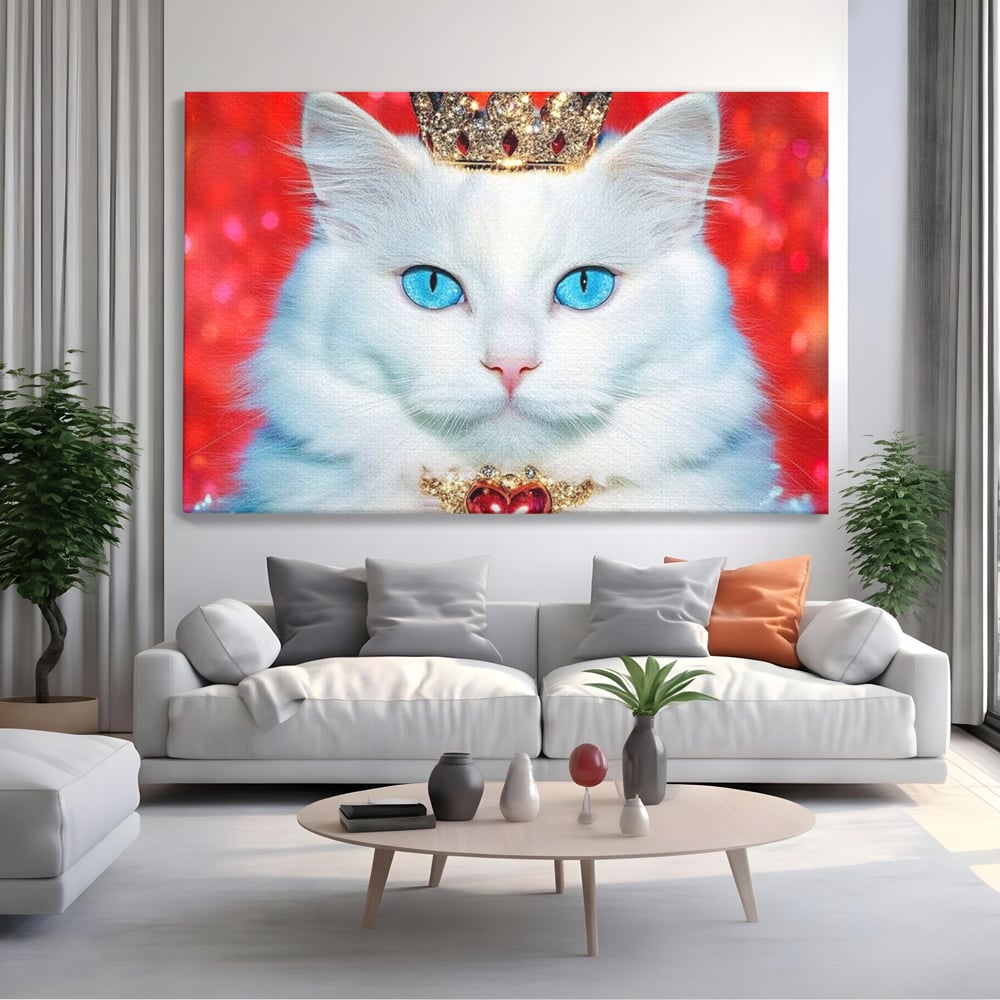Tablou canvas cu tablou canvas cu pisica alba regala, fara rama, pe sasiu de lemn, pe perete intr-un living