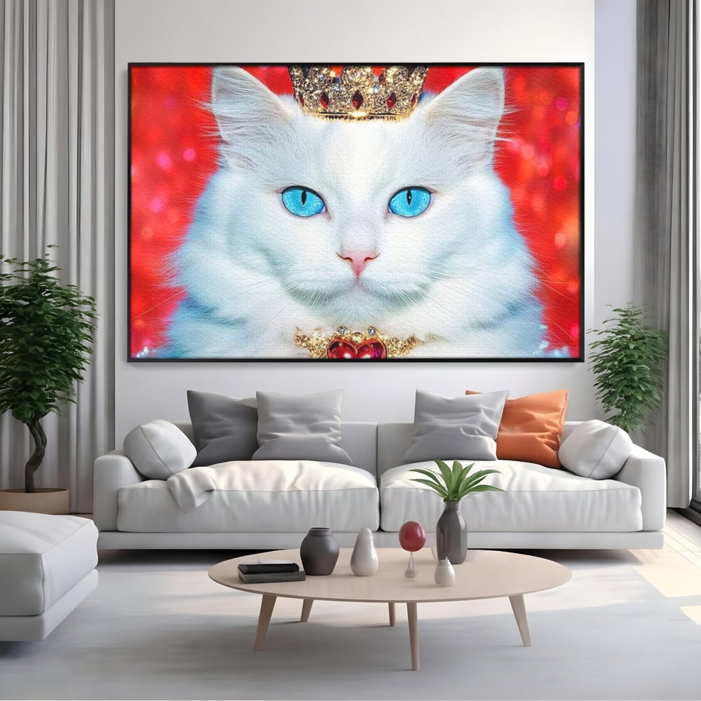 Tablou canvas cu tablou canvas cu pisica alba regala, in rama de aluminiu negru, pe perete intr-un living